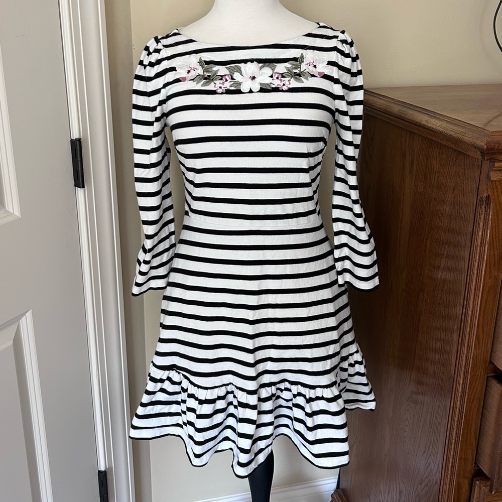 Kate Spade Fit & Flare Embroidered Dress Black Ivory Stripes Floral Small